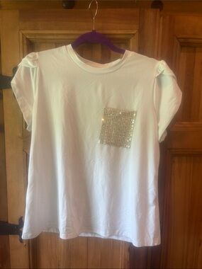White Sequin Pocket Short Sleeve Tee - Girls
